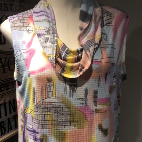 Colorful Abstract Print cowl neck Sleeveless Blouse contrast hem - Picture 8 of 13